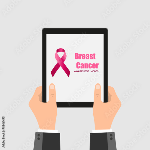 Breast Cancer design on the screen tablet. Awareness Ribbon Vector Design on White Background.