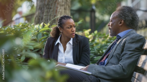In a peaceful park setting a lawyer and their client sit on a bench deep in conversation. The lawyer leans in attentively offering guidance and advice to the client while they listen .