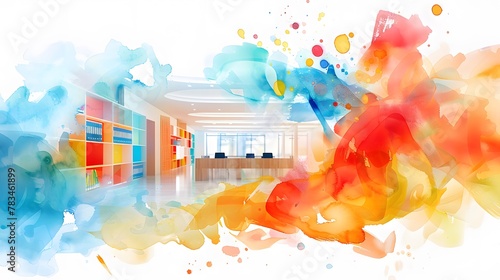 Vibrant watercolor abstraction overlaying a modern library interior, suggesting creativity in education