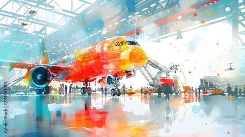 A colorful airplane is being serviced in a hangar photo