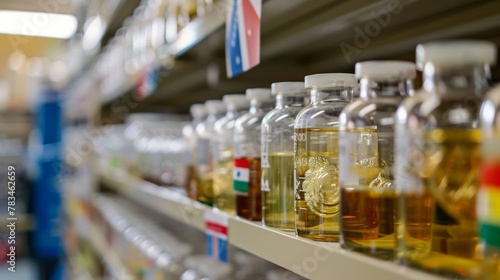 A shelf in a laboratory stacked with beakers bottles and containers filled with various biofuel samples. Attached to each container is a flag representing the joint venture of countries .
