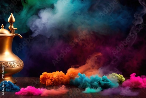 Product packaging mockup photo of magic lamp with colorful smoke  studio advertising photoshoot