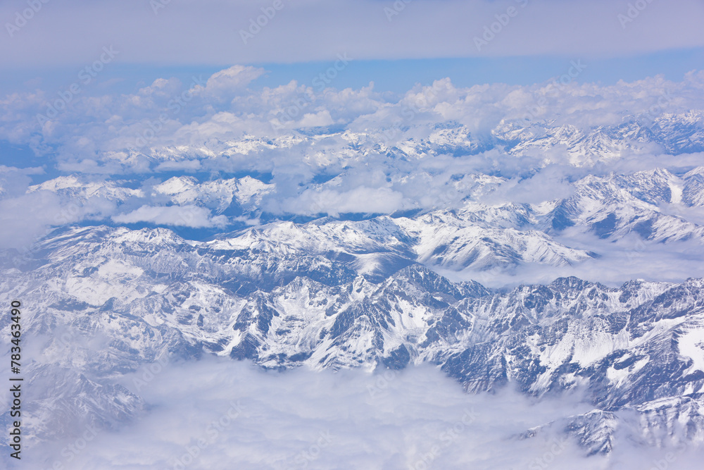 Aerial view of snow capped mountains in Sichuan and Tibet, China