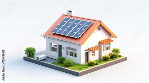 Miniature house with solar panel system on roof for smart home energy saving concept isolated on white background. © Alpa