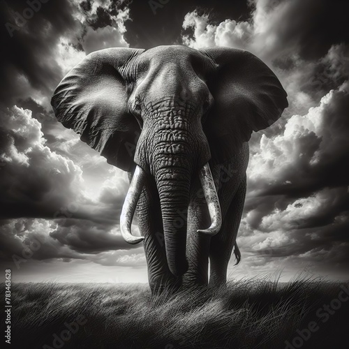 Elephant in the savannah with dramatic clouds. Black and white print art. photo