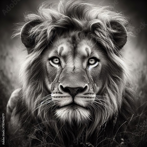 Portrait of a lion in the savannah. Black and white image for art print