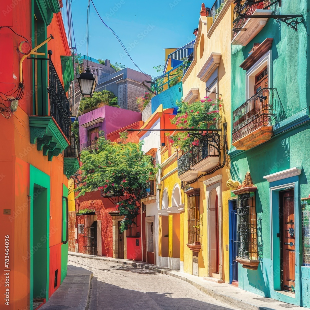 In a quaint Latin American town, a street vibrant with color is lined with traditional houses, flowers blooming, under a clear blue sky.
