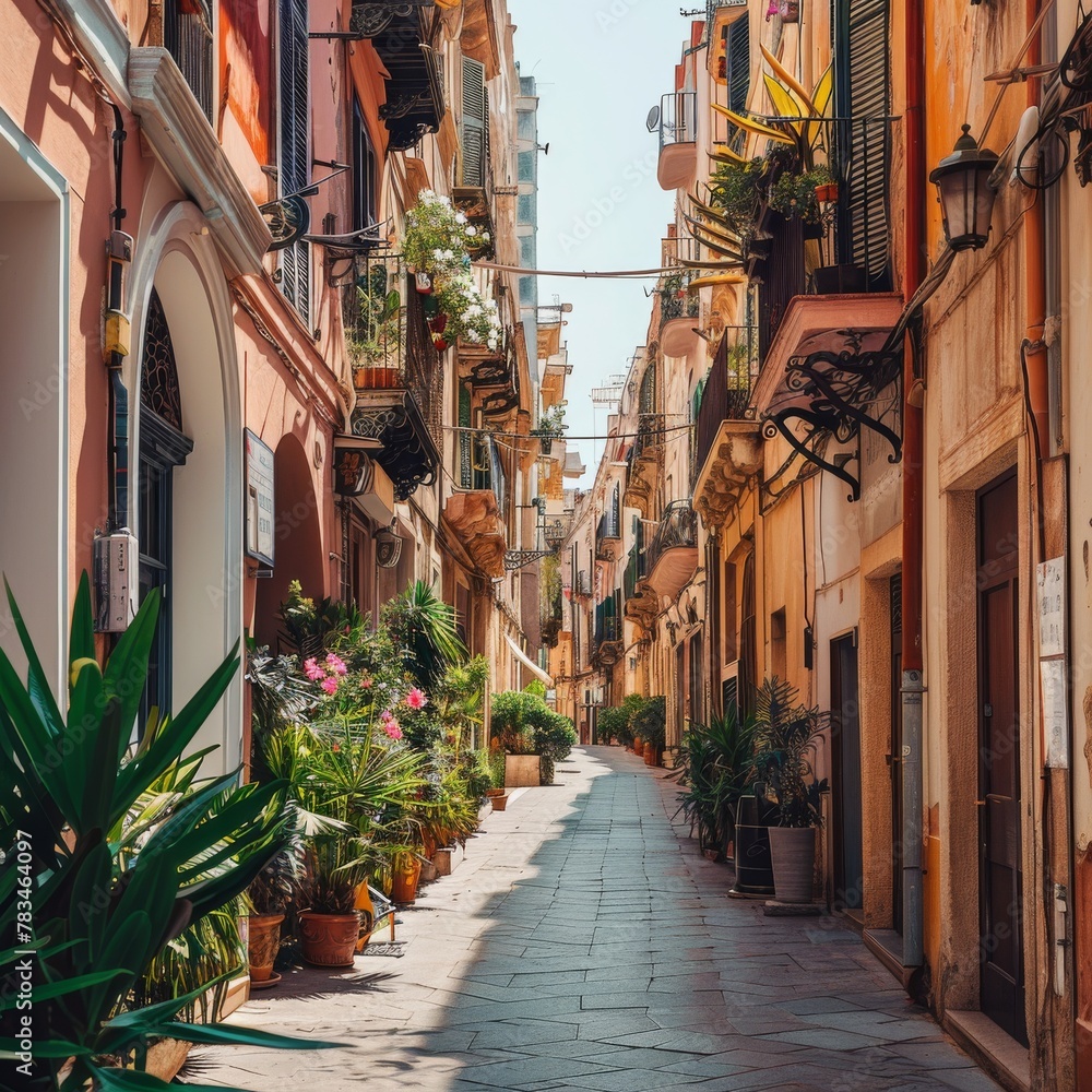 Obraz premium A vibrant, colorful street lined with traditional houses adorned with blooming flowers under a clear blue sky in a quaint Latin American town.