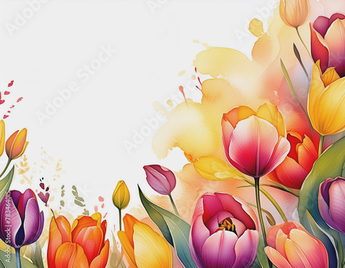 Abstract Watercolor Spring Tulips in Bright Colors on White Background AI #783464015