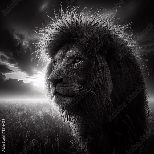 Lion in the savannah. Black and white image. © Denis Agati