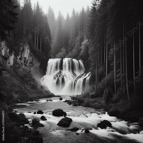 Black and white picture of a waterfall in the woods is surrounded by trees  photo