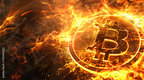 Bitcoin logo in fire with black, red and orange style. Disruptive potential of cryptocurrencies photo