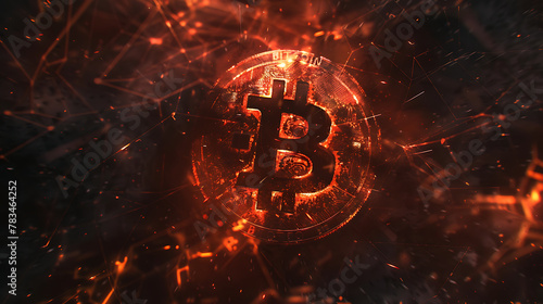 Bitcoin logo in fire with black, red and orange style. Disruptive potential of cryptocurrencies