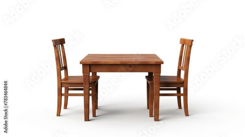 Realistic wooden table and chair isolated on white background.