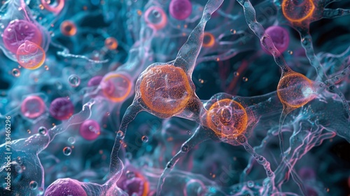 An image of a Euglenoid colony with numerous cells connected by a matrix of creating a slimy gel around the organisms. photo