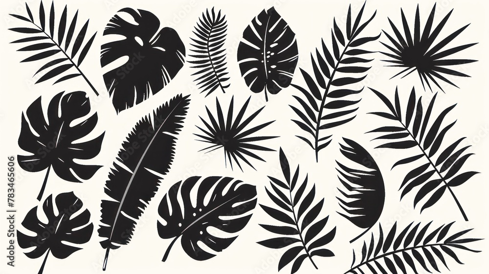 A collection of palm leaf silhouettes that have been isolated on a white background A collection of palm leaf silhouettes that have been isolated on a white background