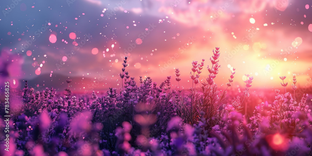 Majestic Lavender Field at Sunset with Sunlight breaking through Clouds and Raindrops Falling from the Sky Majestic Lavender Field at Sunset with Sunlight breaking through Clouds and Raindrops Falling from the Sky