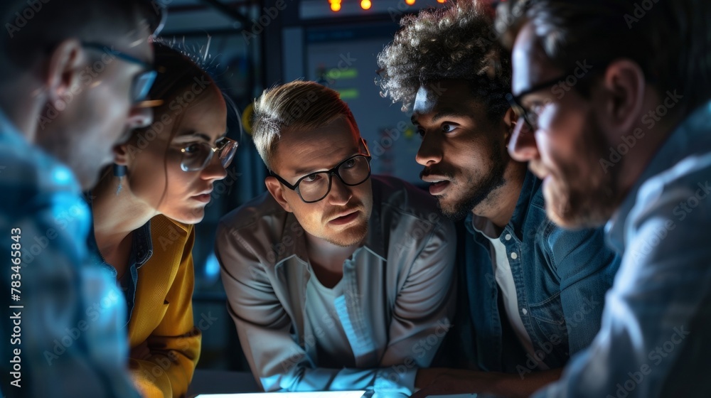 A group of IT spets huddled together in an intense discussion brainstorming solutions to a technological crisis. The dim lighting and serious expressions on their faces convey the .