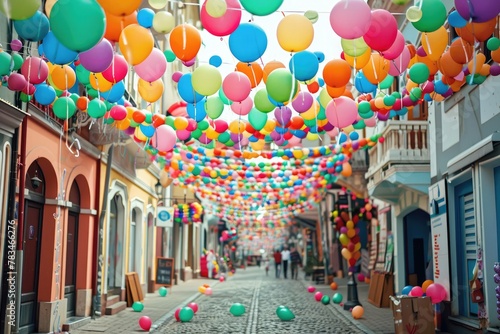 A festive street scene decorated with thousands of small photo