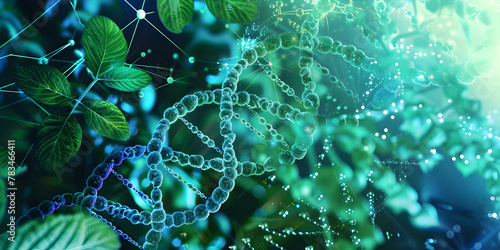 glowing DNA Double strand in a botanical garden, hybrid plants, crops of desired traits, green leaves, green house effect, blue print of greens