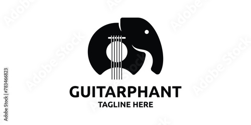 creative guitar logo design combination with elephant, big, animal, music, song, arrangement, logo design template, symbol, icon, vector, creative idea.