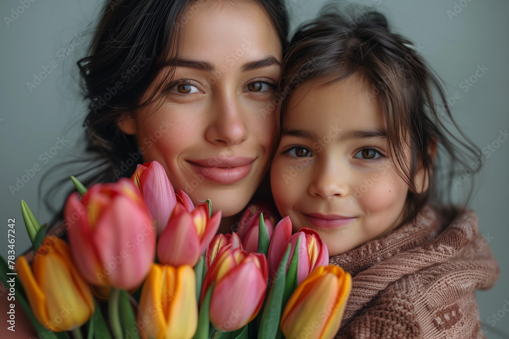 Happy Mother's Day Celebration with Indian Mom and Child and Flowers Happy Mother's Day Celebration with Indian Mom and Child and Flowers