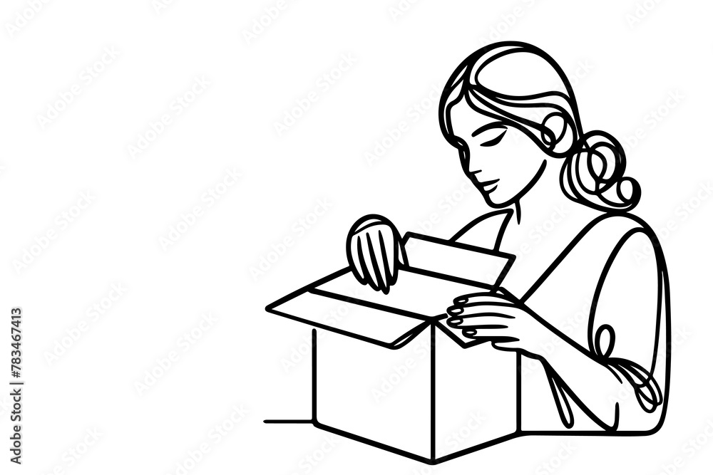 continuous one single black line drawing a woman holding box or present and opening a box  vector
