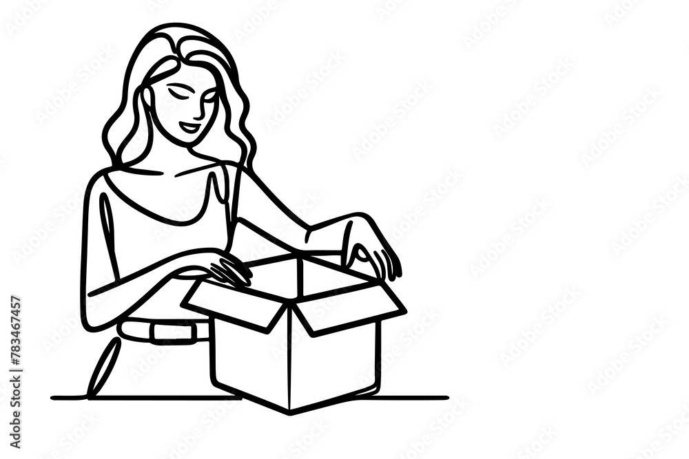 continuous one single black line drawing a woman holding box or present and opening a box vector continuous one single black line drawing a woman holding box or present and opening a box vector