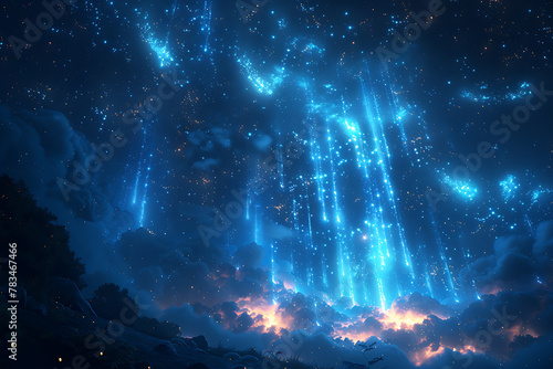 A mesmerizing starfall with falling stars streaking across the night sky. Bright, glowing trails against the dark cosmos create a magical and enchanting spectacle