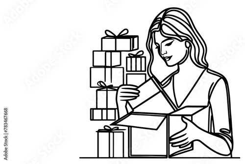 continuous one single black line drawing a woman holding box or present and opening a box  vector
