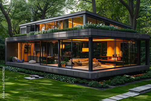 A stunning high-tech house with sleek architecture, lush lawn, and solar panels on the roof for sustainable energy usage