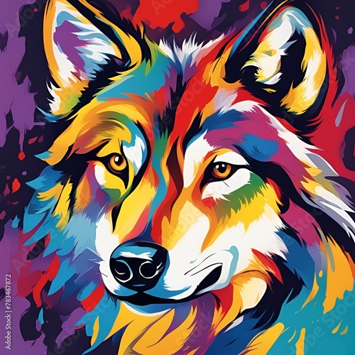 An abstract portrait of a wolf in vibrant colors. An illustration for a educational book  or nature decoration for a children s play room.