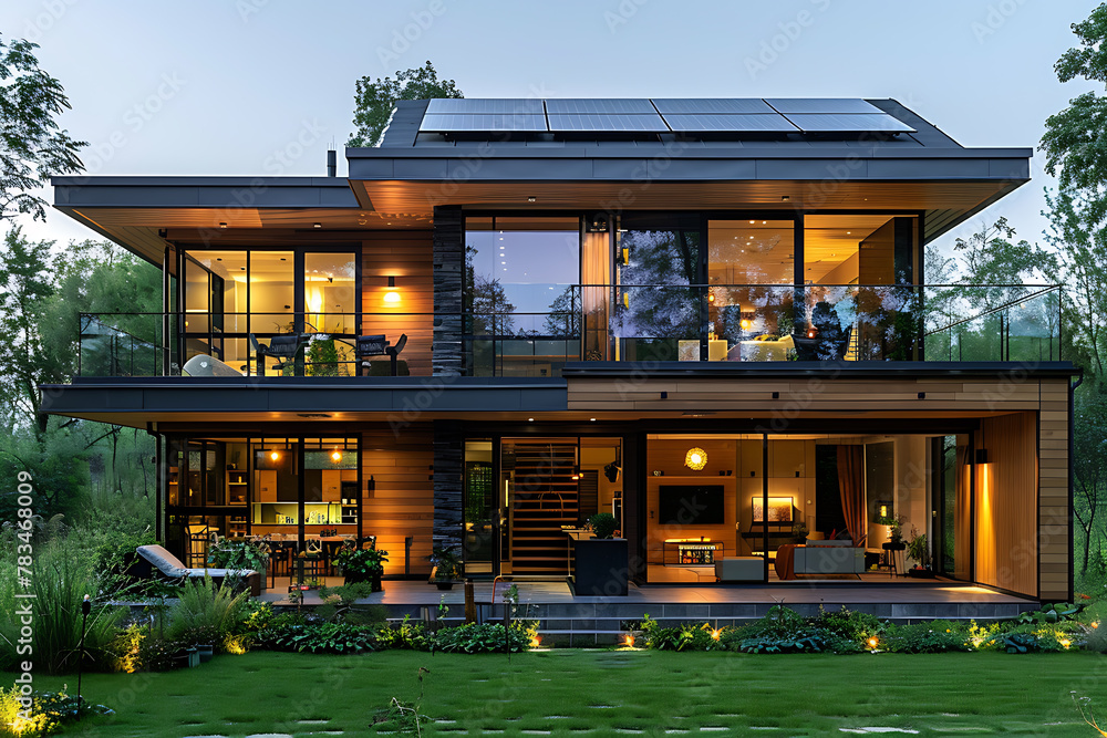 A stunning high-tech house with sleek architecture, lush lawn, and solar panels on the roof for sustainable energy usage A stunning high-tech house with sleek architecture, lush lawn, and solar panels on the roof for sustainable energy usage