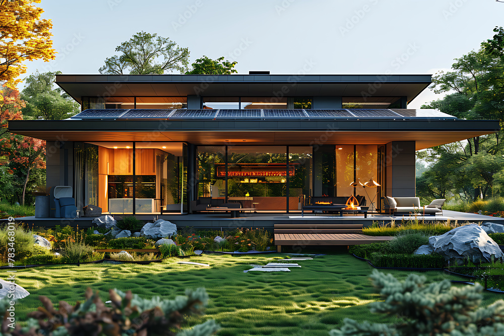 A stunning  high-tech house with sleek architecture, lush lawn, and solar panels on the roof for sustainable energy usage