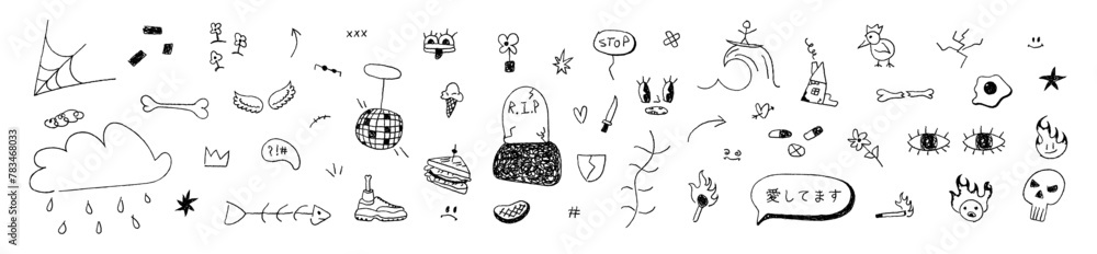 Charcoal, Pencil, Liner Doodle Elements. Fire, skull, chicken, flowers, eyes. Handdrawn grunge, cartoon pencil sketches of decorative outlined icons. (Full Vector)
