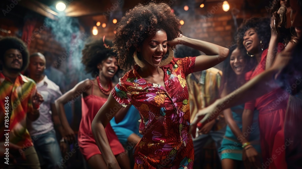 Nostalgic portraits black individuals 1960s early 1970s, soulful essence of young women in vibrant dresses, men grooving to jazz melodies, celebrating cultural vibrancy, resilience transformative era.