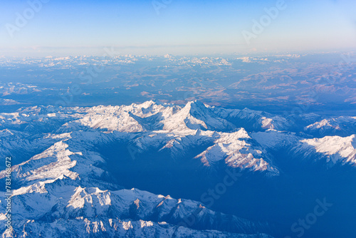 Aerial view of snow capped mountains in Sichuan and Tibet, China