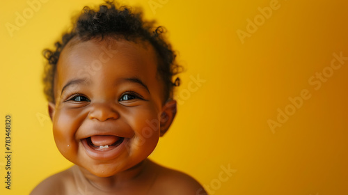 black baby sitting smiling on yellow background 