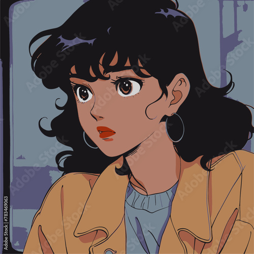 Lofi neon colors 80s anime still, girl wearing retro outfit, retro fashion, muted retro colors, style of Dragons Heaven, close up shot, anime vector illustration, pop girl anime vector portrait