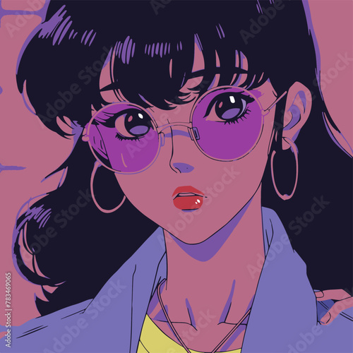 Lofi neon colors 80s anime still, girl wearing retro outfit, retro fashion, muted retro colors, style of Dragons Heaven, close up shot, vector portrait illustration, pop girl anime with pink glasses