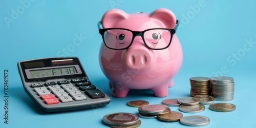 Pink piggy bank with eyeglasses and calculator