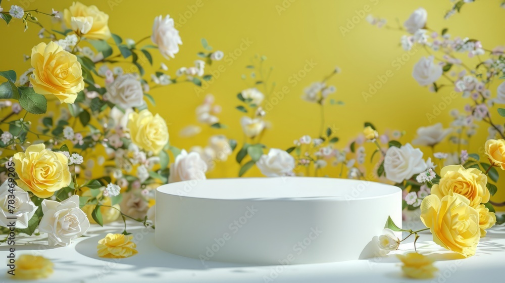 Podium background flower rose product yellow 3d spring table beauty stand display nature white. Garden rose floral summer background podium cosmetic valentine easter field scene gift yellow day romant