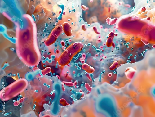 A dynamic 3D scene of Salmonella bacteria invading intestinal epithelial cells. photo