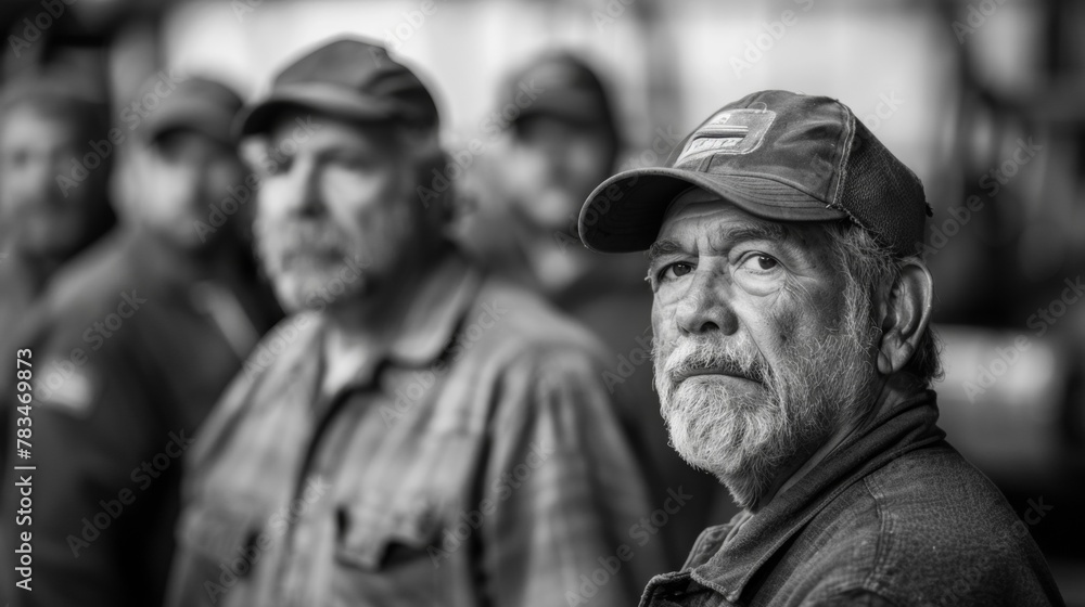 A black and white photograph of a group of machinists with one standing out in the foreground. His grizzled appearance and strong stance exude confidence and the wisdom that can only . A black and white photograph of a group of machinists with one standing out in the foreground. His grizzled appearance and strong stance exude confidence and the wisdom that can only .
