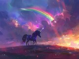 A fantasy illustration of a unicorn under a sparkling rainbow in the sky