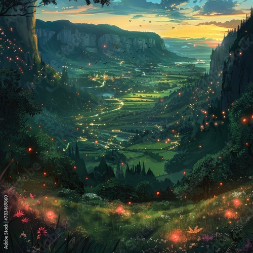 A fantasy illustration of a green valley with magical red fireflies glowing at dusk.