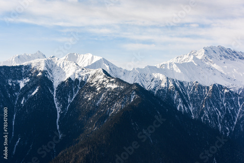 Aerial view of snow capped mountains in Sichuan and Tibet  China
