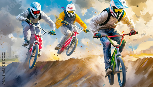 BMX riders in action, soaring off a dirt ramp under a cloudy sky, showcasing skill and speed. Generative Ai. © homydesign