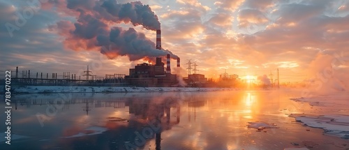 Sunset Silhouettes: Industrial Emissions against Climate Change. Concept Climate Change, Industrial Pollution, Sunset Silhouettes, Environmental Awareness