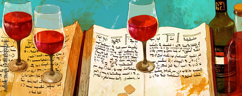 Torah book and glasses with red wine on teal blue background. Happy Passover. Shabbat Shalom. Jewish holiday celebrating. Illustration for banner, poster, greeting card  photo